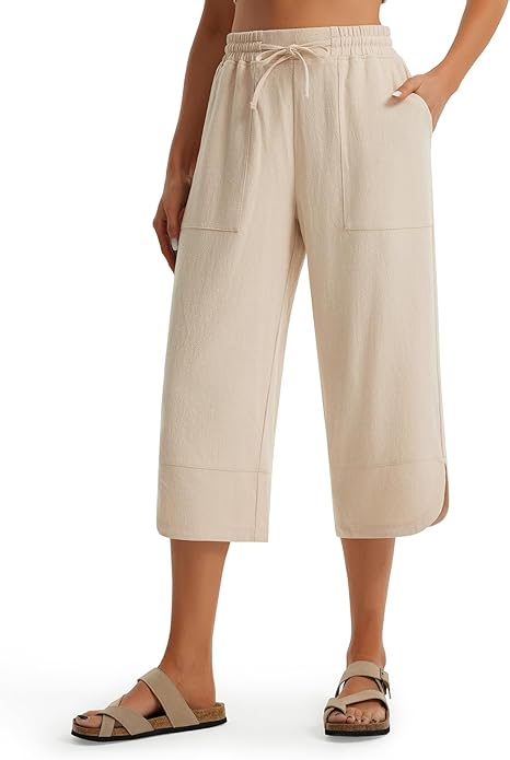 WQD Women's Capri Pants High Waisted Linen Palazzo Trousers Wide Leg Beach Casual Work Pants with Pockets