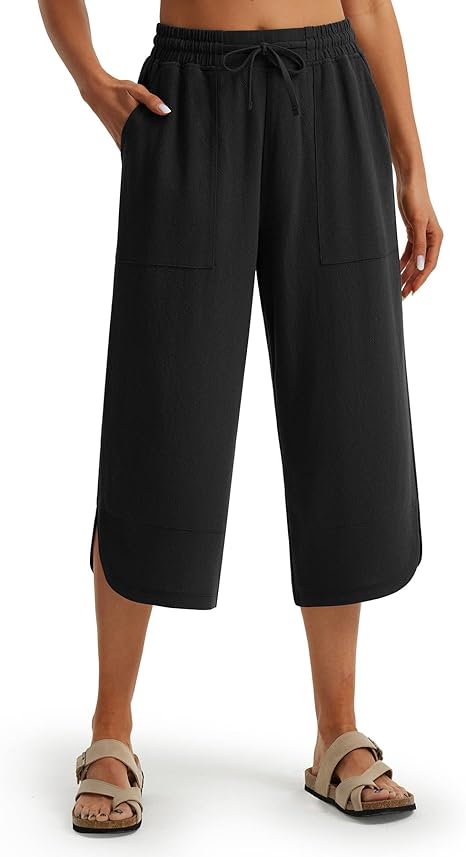 WQD Women's Capri Pants High Waisted Linen Palazzo Trousers Wide Leg Beach Casual Work Pants with Pockets