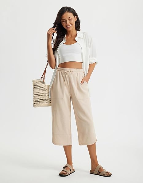 WQD Women's Capri Pants High Waisted Linen Palazzo Trousers Wide Leg Beach Casual Work Pants with Pockets