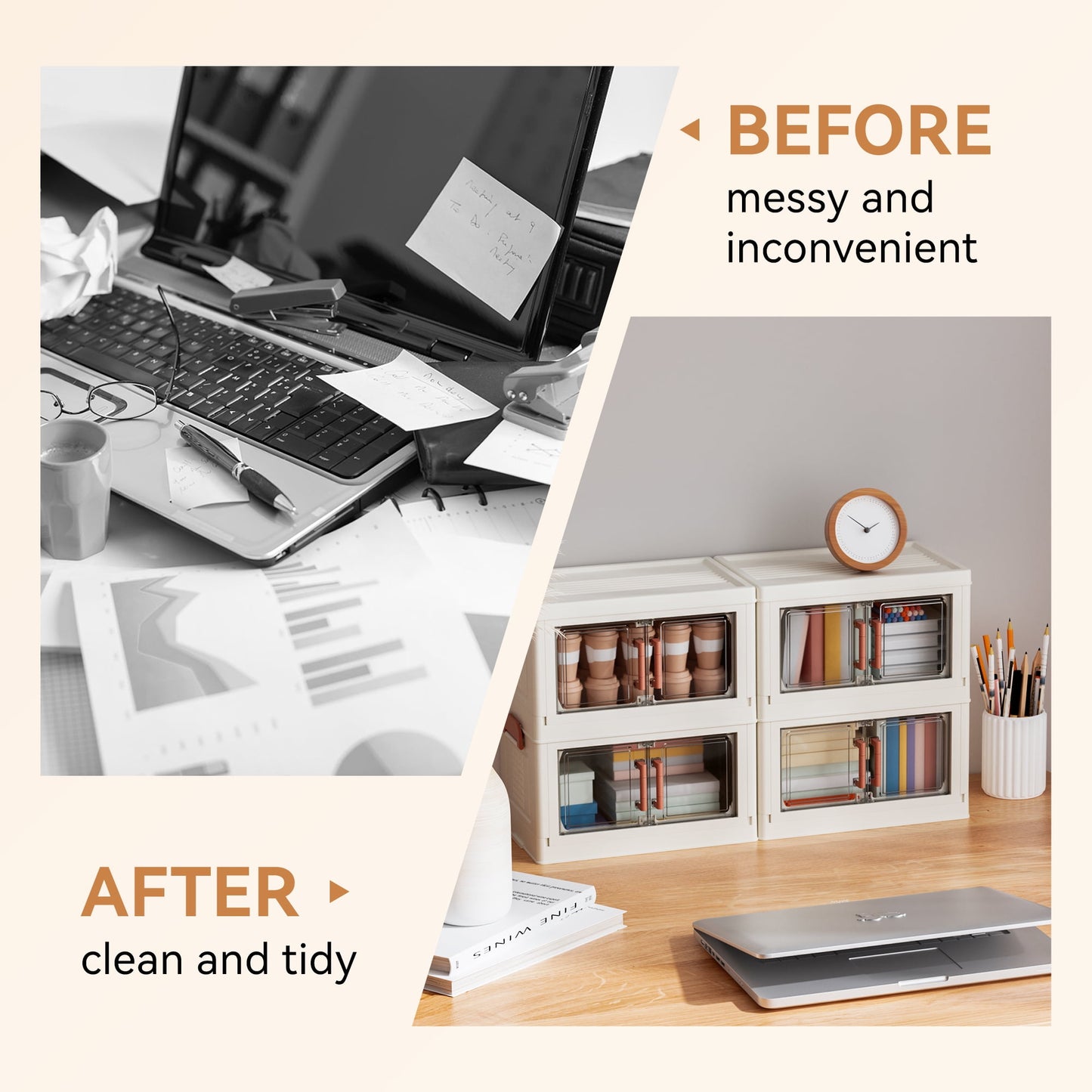 4-Pack Stackable Storage Bins with Clear Doors and Lids - 4-Tier Organizer for Office, Home, or Classroom - Space-Saving and Durable Desktop Storage Solution
