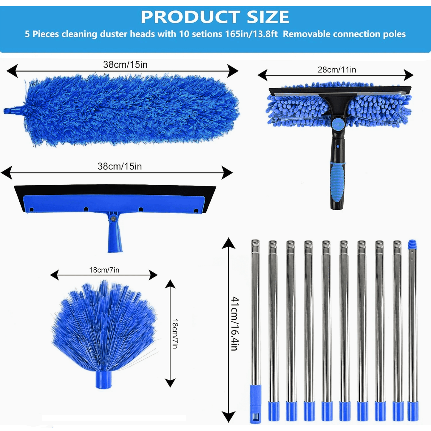 Clnez High Reach Duster Kit with 14 ft Extension Pole High Ceiling Dusting and Window Cleaning Kit with Spliceable Pole - Cobweb Duster, Fan Blade, Window Washer & Squeegee and Feather Dusters
