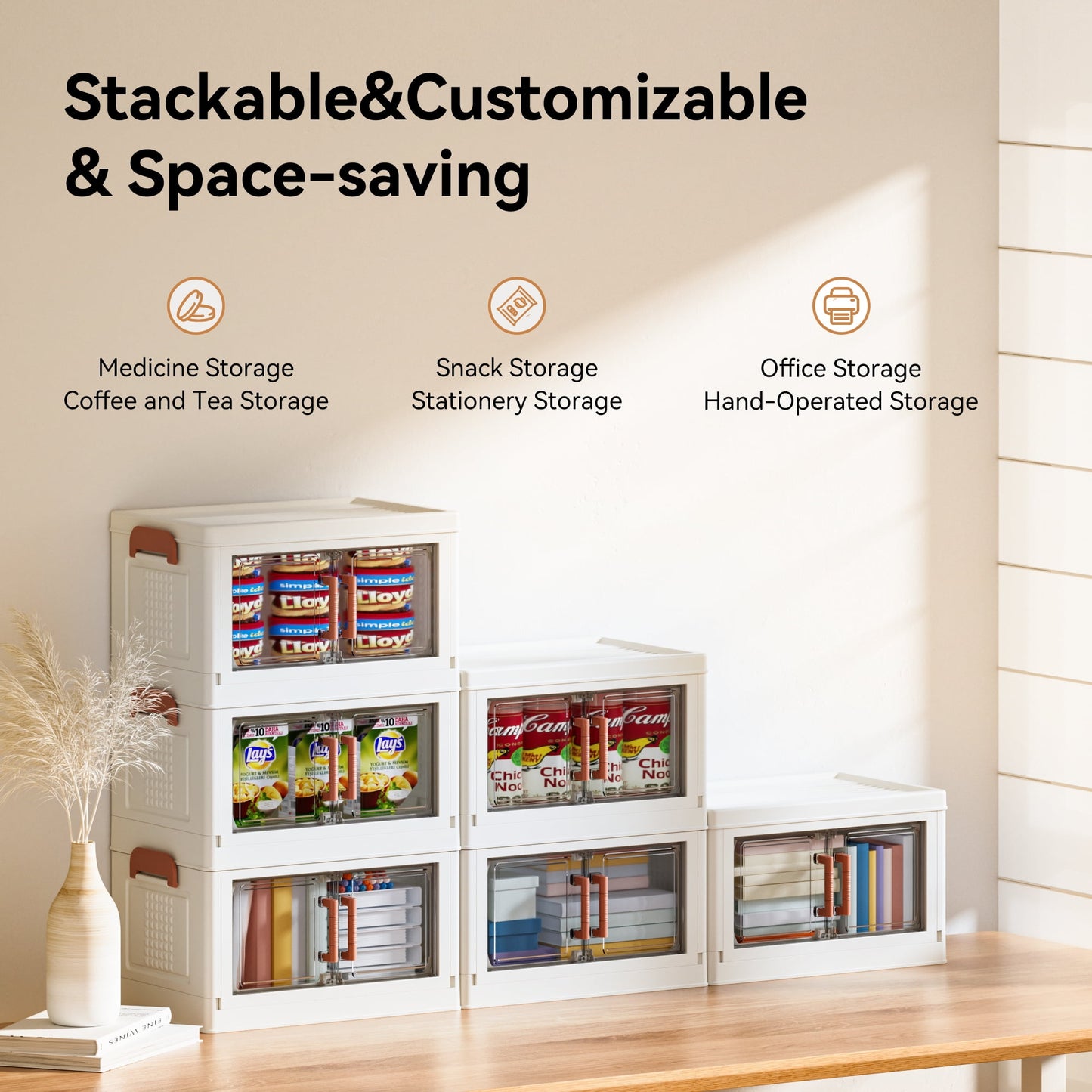 4-Pack Stackable Storage Bins with Clear Doors and Lids - 4-Tier Organizer for Office, Home, or Classroom - Space-Saving and Durable Desktop Storage Solution