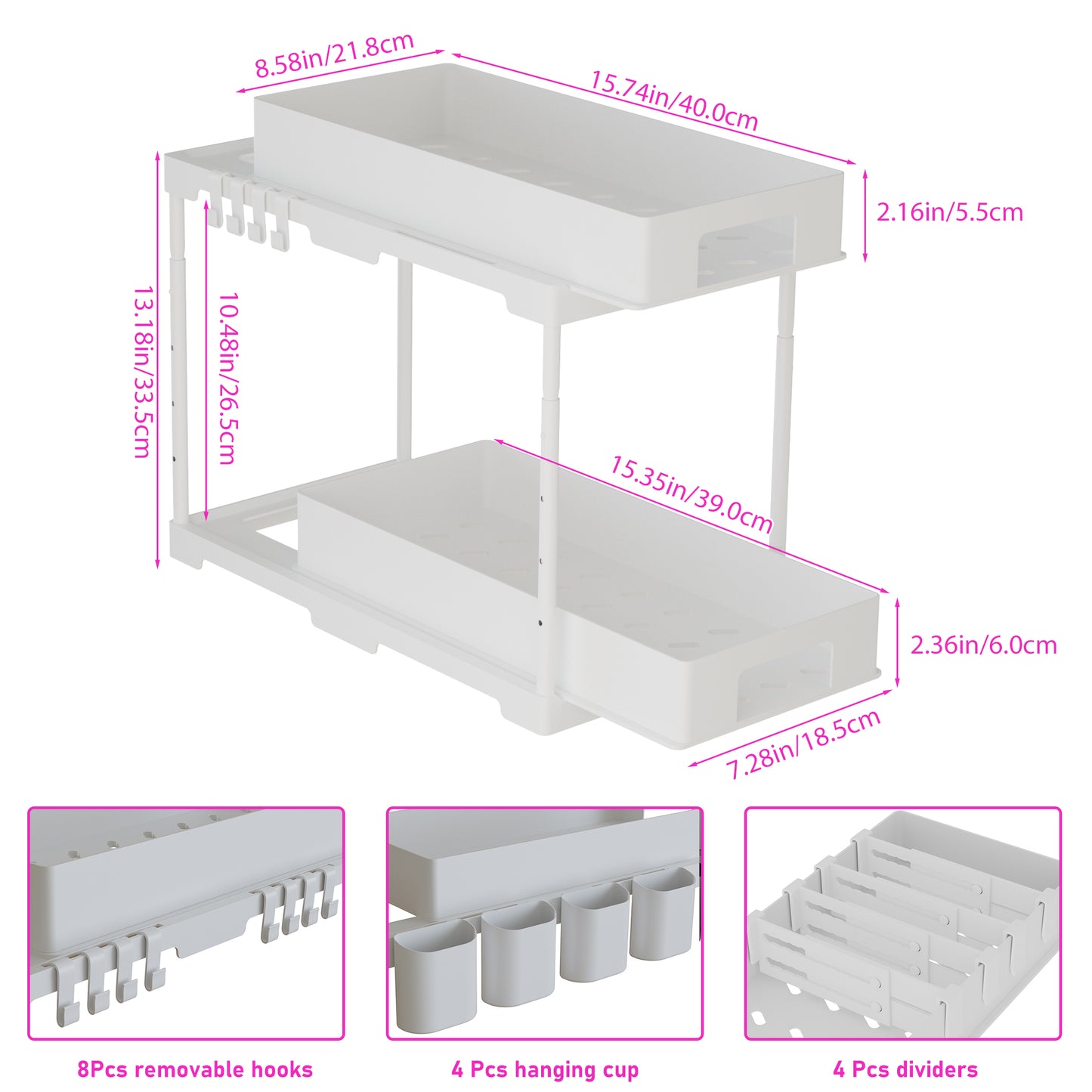 ClozOrg 2 Pack Adjustable Height Under Sink Organizers and Storage, 2 Tier Double Sliding Drawer Cabinet Basket Organizer with Hooks and Hanging Cup, for Kitchen, Bathroom, Garage Storage-White