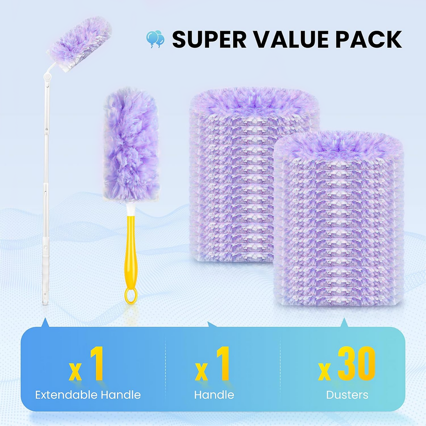 Clnez Duster Refills 360 for Swiffer 30 pcs & Handle & Extendable Handle*1 Disposable Feather Duster Multi Surface Refills(Purple)