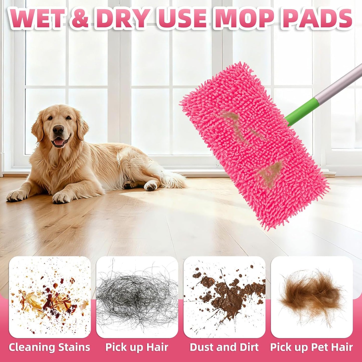 12 Pack Reusable Mop Pads Compatible with SwifferSweeper Mop, Wet and Dry Chenille Sweeping Cloths, Washable Pads Refill, Microfiber Pads for Multi-Surface/Hardwood Floor Cleaning (Pink)