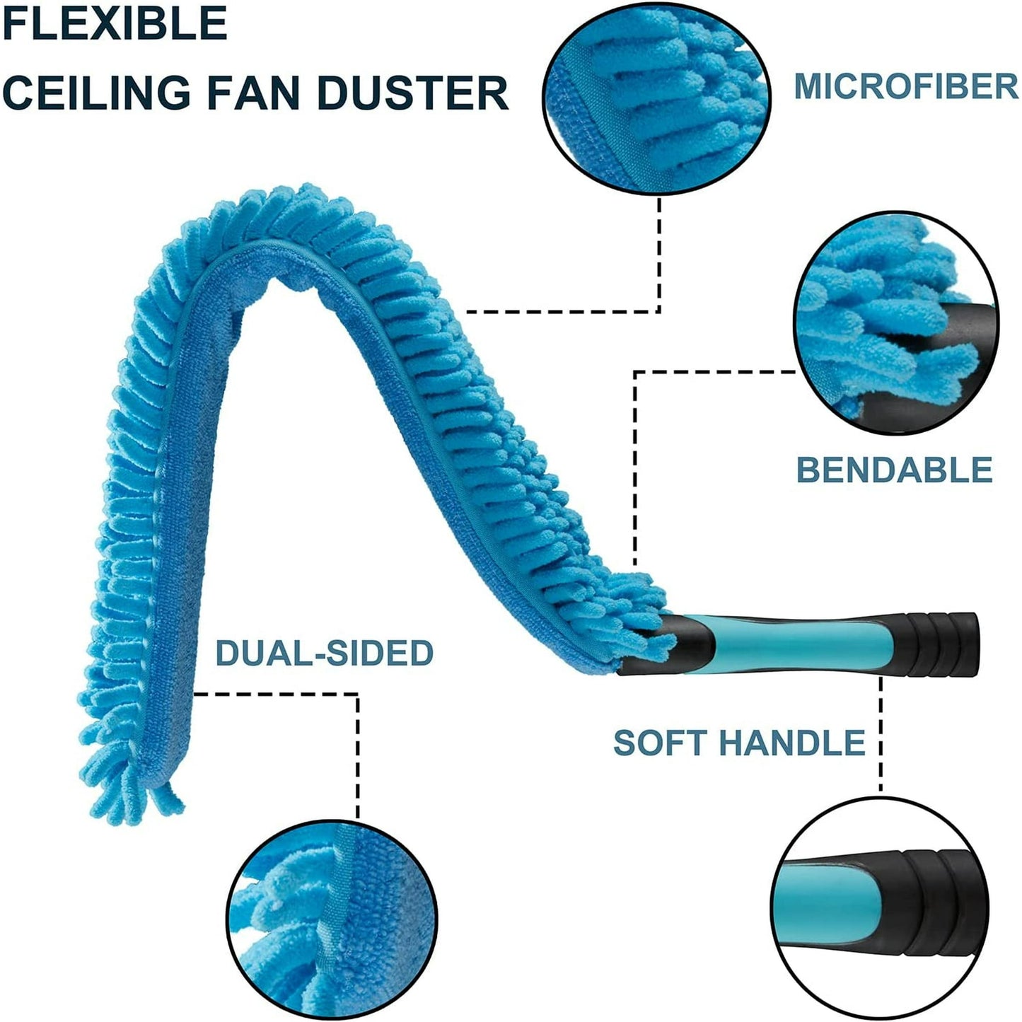 Clnez 20FT High Ceiling Fan Duster with 5–12FT Extension Pole, Telescoping Duster Kit with Cobweb, Feather, Window Squeegee & Microfiber Brush – Blue