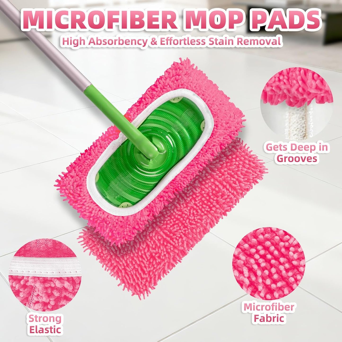 12 Pack Reusable Mop Pads Compatible with SwifferSweeper Mop, Wet and Dry Chenille Sweeping Cloths, Washable Pads Refill, Microfiber Pads for Multi-Surface/Hardwood Floor Cleaning (Pink)