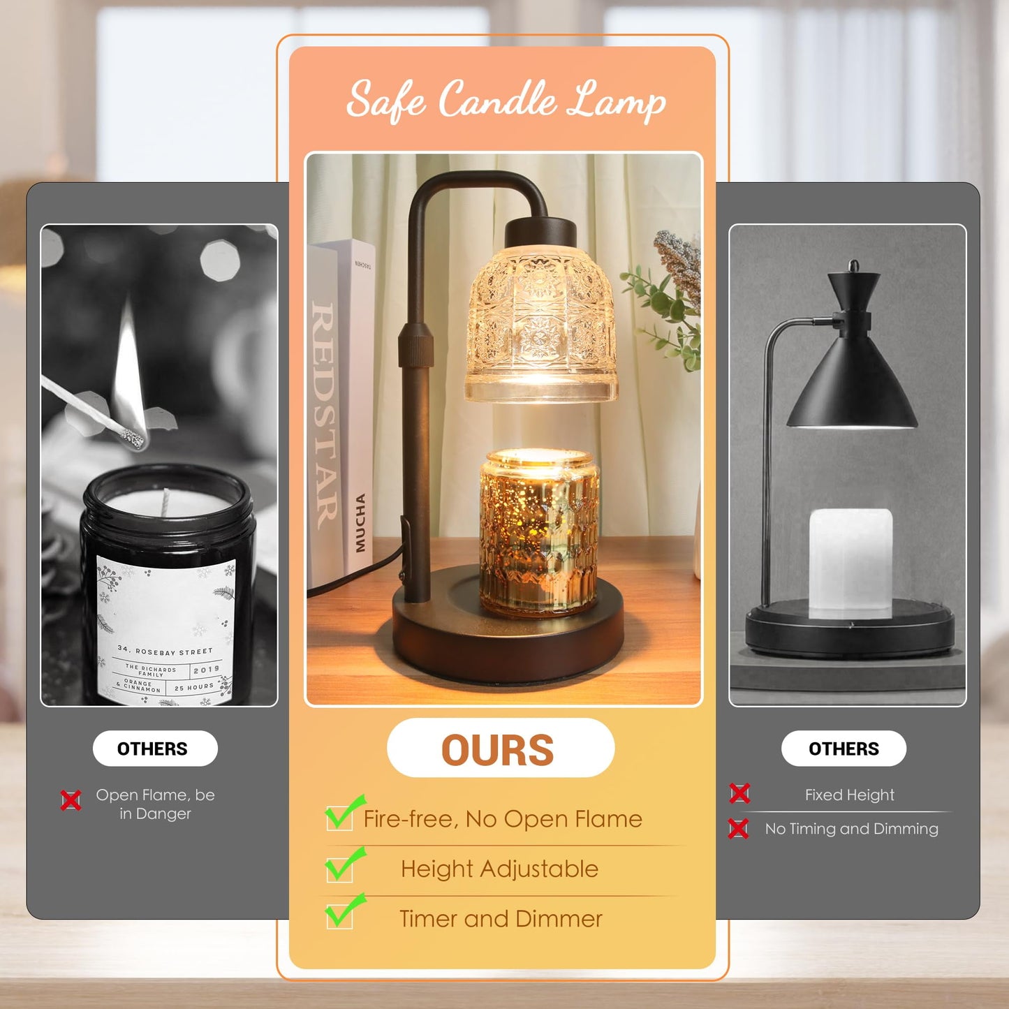 Candle Warmer Lamp with Timer, Dimmable Candle Warmer Lamp, Adjustable Height Candle Lamp, Electric Candle Lamp Warmer with 2 Bulbs, Present for Mom Mother's Day Christmas Home Decor - Black