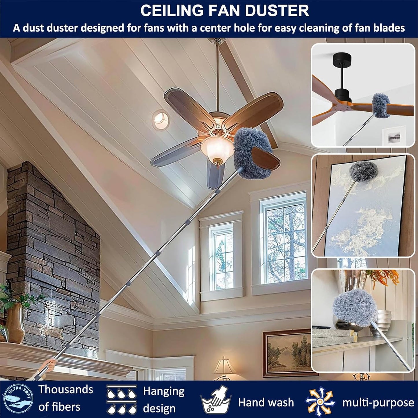 Clnez 20+ Ft High Reach Ceiling Fan Duster & Cobweb & Corner Brush Duster with 3-14 ft Spliceable Pole Microfiber Feather Duster for Spider Web, High Ceiling, Blinds, Furniture Cleaning Tool Kit