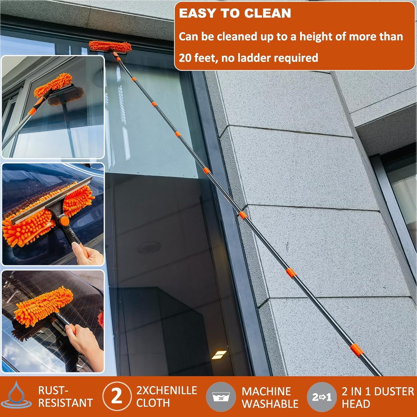 Clnez 20+ Foot Reach High Ceiling Duster Kit & Window Cleaning Kit | 3-14 ft Telescopic Pole with Window Washer, Squeegee, Cobweb, Fan, and Feather Dusters