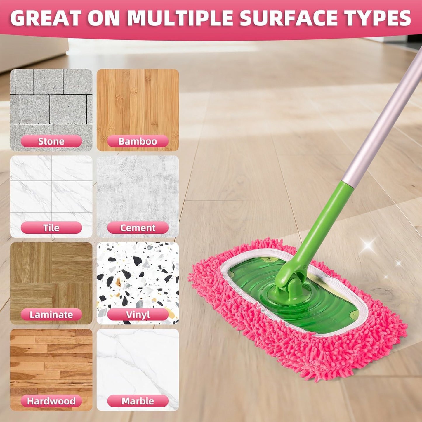 12 Pack Reusable Mop Pads Compatible with SwifferSweeper Mop, Wet and Dry Chenille Sweeping Cloths, Washable Pads Refill, Microfiber Pads for Multi-Surface/Hardwood Floor Cleaning (Pink)