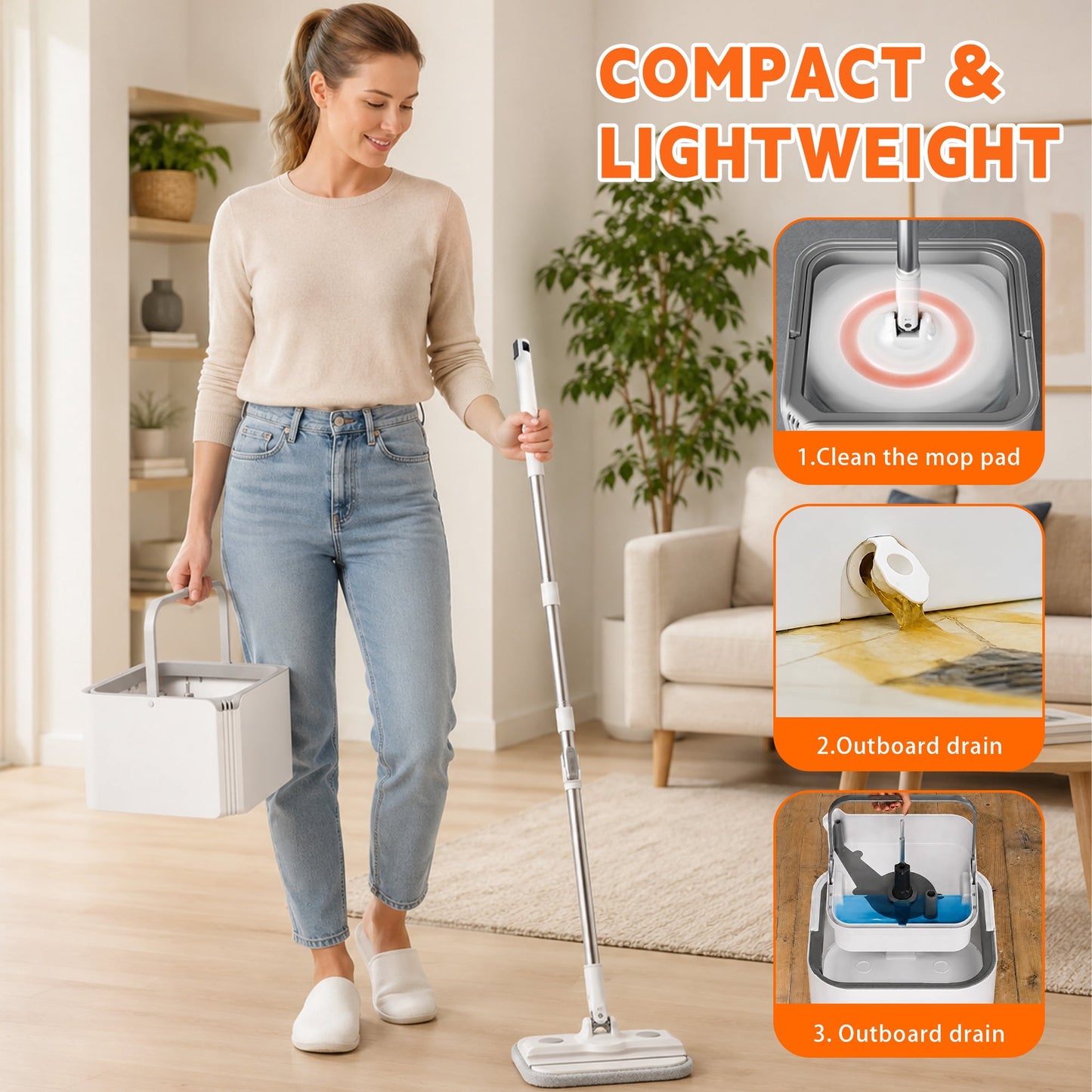 Mop and Bucket Set, Easy-to-use Spin Mop with Separate Dirty Water System, Deep-Cleaning Mops for Floors, Versatile Mops for Walls