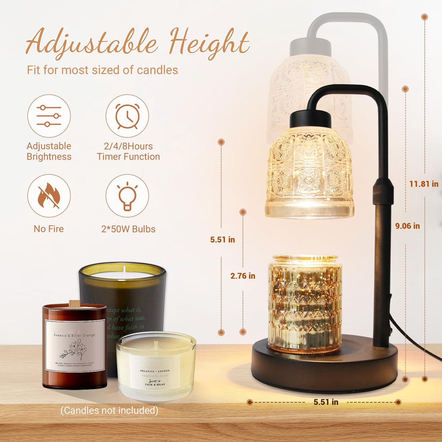 Candle Warmer Lamp with Timer, Dimmable Candle Warmer Lamp, Adjustable Height Candle Lamp, Electric Candle Lamp Warmer with 2 Bulbs, Present for Mom Mother's Day Christmas Home Decor - Black