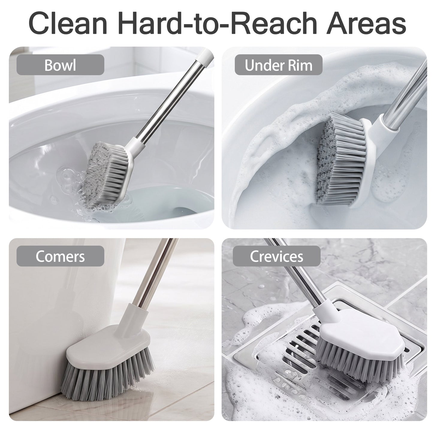 Toilet Brush and Holder Set, 2 Pack Dual Head Toilet Bowl Cleaner Brush with Silicone & Bristle Heads, Deep Cleaning Bathroom Scrubber with Long Handle, Quick Dry Ventilated Caddy for Modern Bathroom