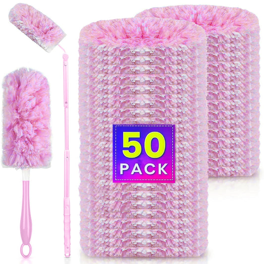 Clnez Duster Refills 360 for Swiffer 50 pcs & Handle & Extendable Handle*1 Disposable Feather Duster Multi Surface Refills(Pink)