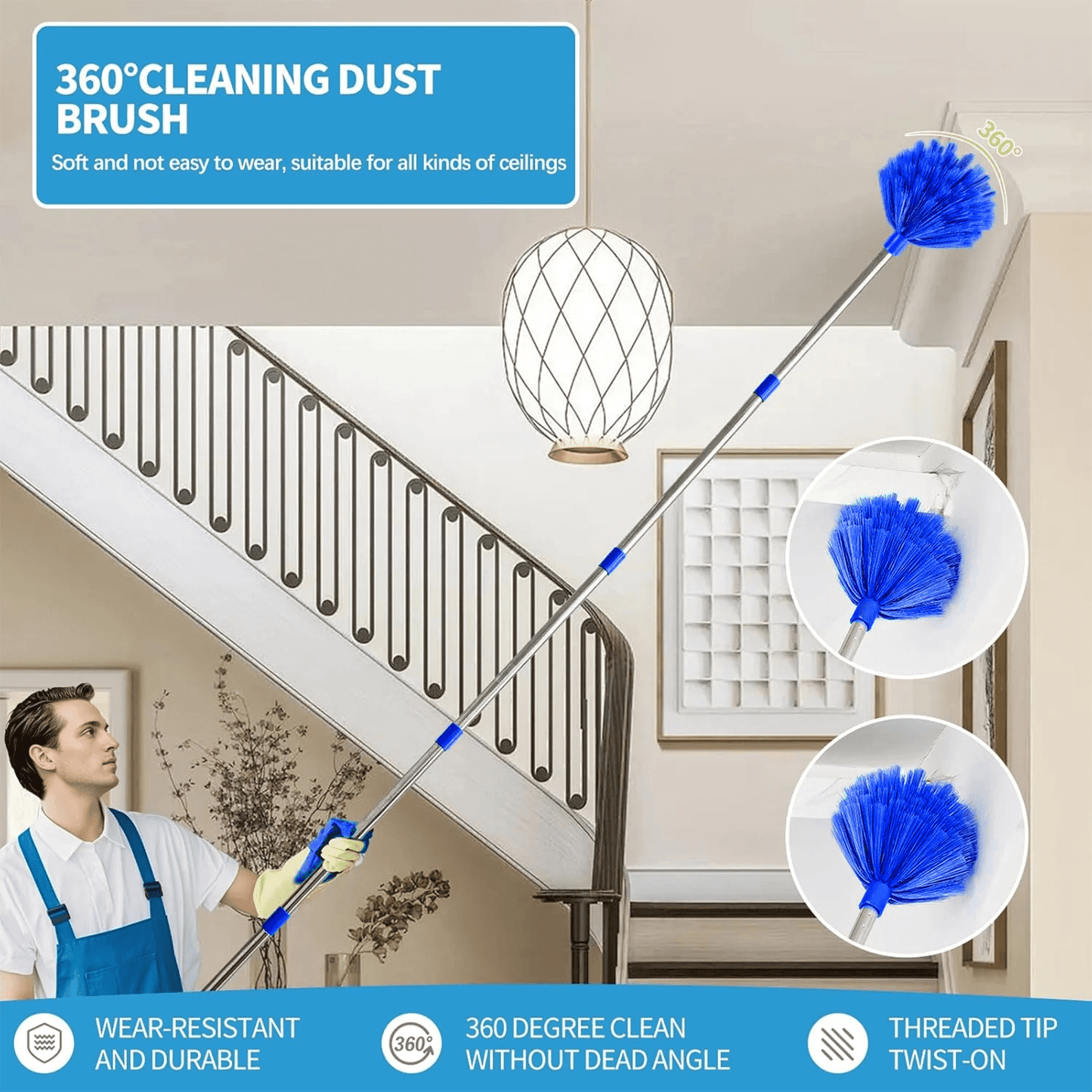 Clnez High Reach Duster Kit with 14 ft Extension Pole High Ceiling Dusting and Window Cleaning Kit with Spliceable Pole - Cobweb Duster, Fan Blade, Window Washer & Squeegee and Feather Dusters