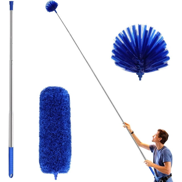 Clnez Ceiling Fan Duster with Extension Pole, Cobweb & Corner Brush Cleaning Kit ,15-100 Inch Long Handle Aluminum Telescoping Pole, Washable（Blue）