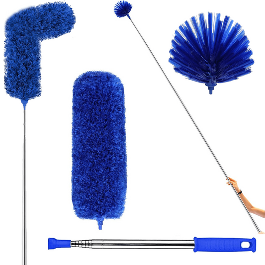 Clnez Ceiling Fan Duster with Extension Pole, Cobweb & Corner Brush Cleaning Kit ,15-100 Inch Long Handle Aluminum Telescoping Pole, Washable（Blue）