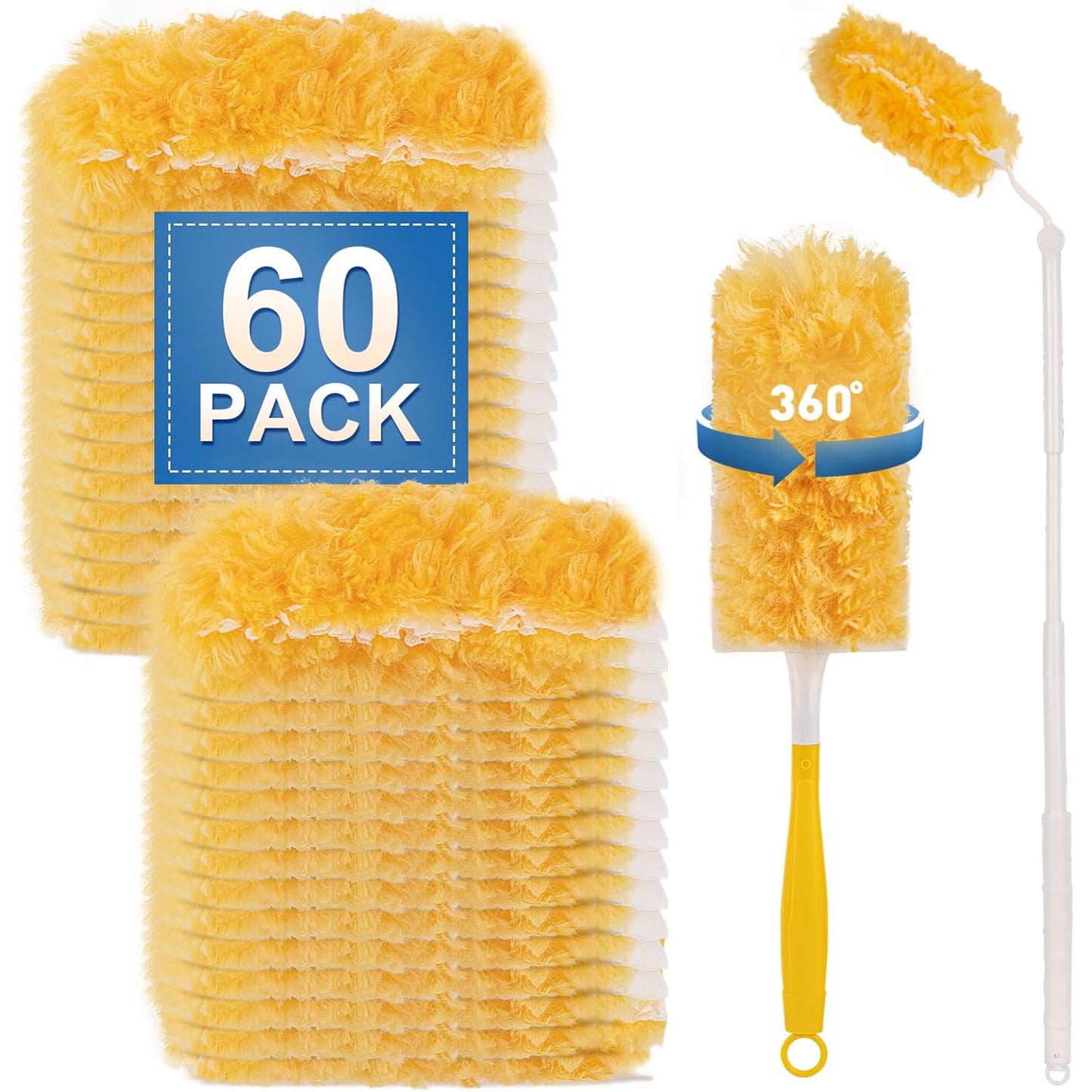 Clnez Heavy Duty Duster Refills, 60 pcs with Handle & Extendable Handle*1 , Multisurface 360° Dusters with 4X Microfibers
