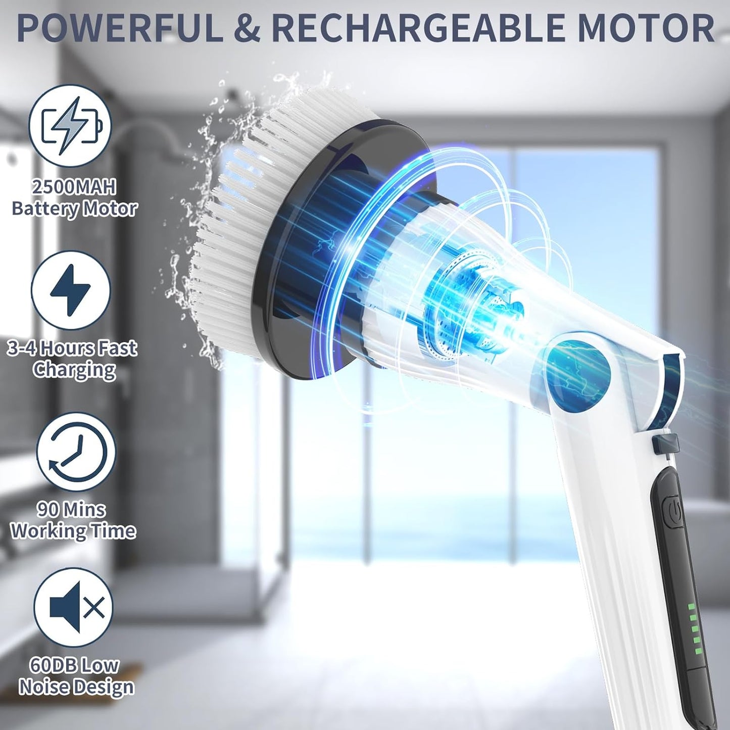 Electric Spin Scrubber, ClnEZ Cordless Cleaning Brush Waterproof with Replaceable Brush Heads, 54.7 inch Adjustable Extension Arm for Bathroom Tub Tile Floor