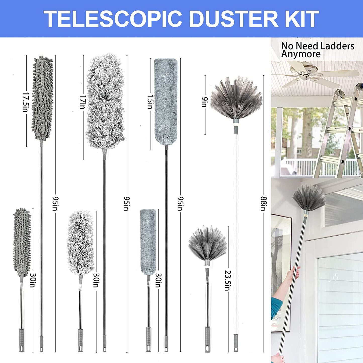 Cleanse Home 9PCS Microfiber Duster with Detachable Extension Pole(Stainless Steel) 30-100" Duster Cleaning Kit