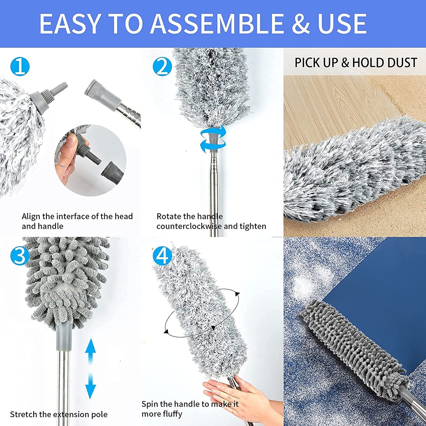Cleanse Home 9PCS Microfiber Duster with Detachable Extension Pole(Stainless Steel) 30-100" Duster Cleaning Kit