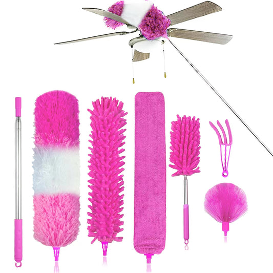 Clnez 7PCS Microfiber Duster with Detachable Extension Pole(Stainless Steel) 30-100" Duster Cleaning Kit for Cleaning Fan Cobweb, Fan Webs, Blinds (Pink)
