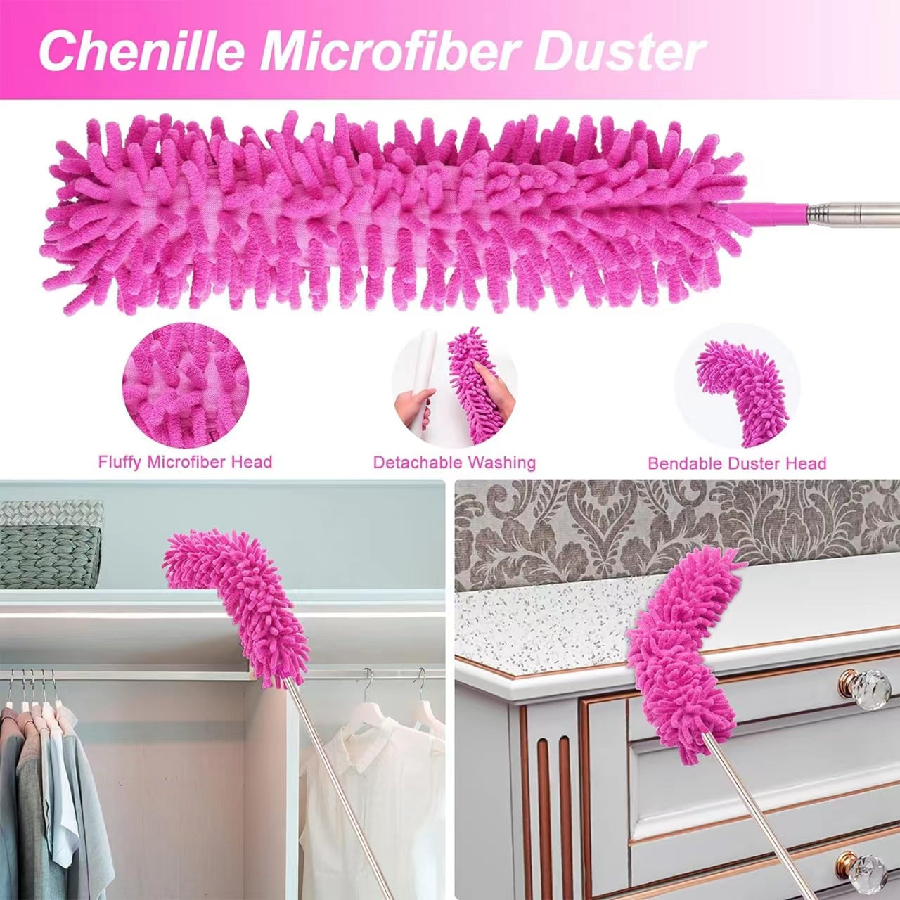 Clnez 7PCS Microfiber Duster with Detachable Extension Pole(Stainless Steel) 30-100" Duster Cleaning Kit for Cleaning Fan Cobweb, Fan Webs, Blinds (Pink)