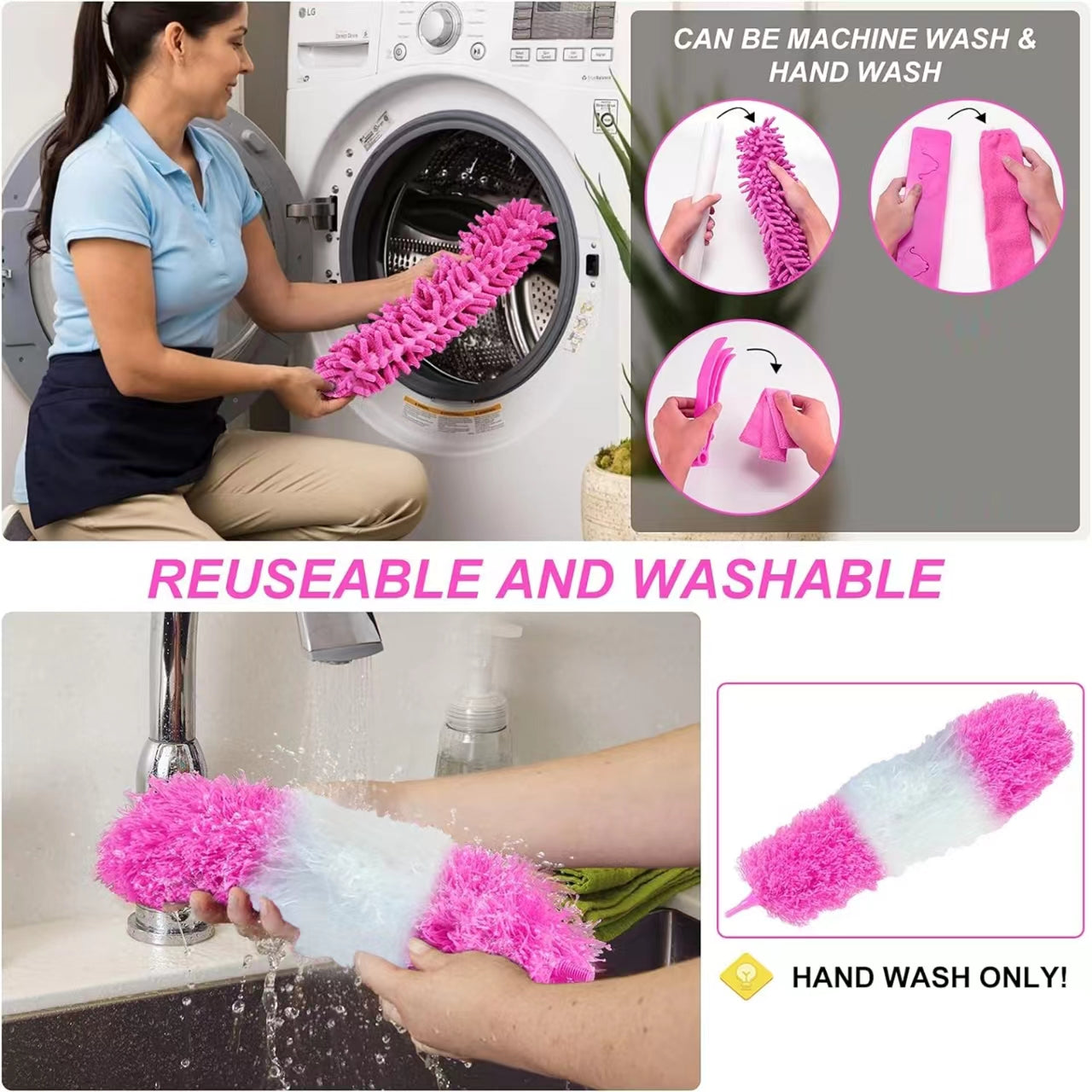 Clnez 7PCS Microfiber Duster with Detachable Extension Pole(Stainless Steel) 30-100" Duster Cleaning Kit for Cleaning Fan Cobweb, Fan Webs, Blinds (Pink)