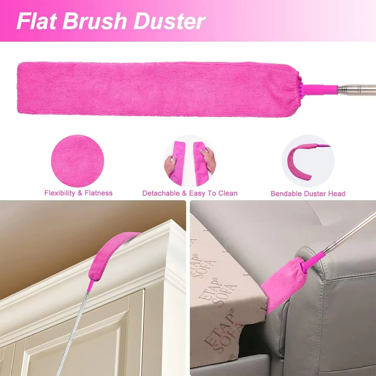 Clnez 7PCS Microfiber Duster with Detachable Extension Pole(Stainless Steel) 30-100" Duster Cleaning Kit for Cleaning Fan Cobweb, Fan Webs, Blinds (Pink)