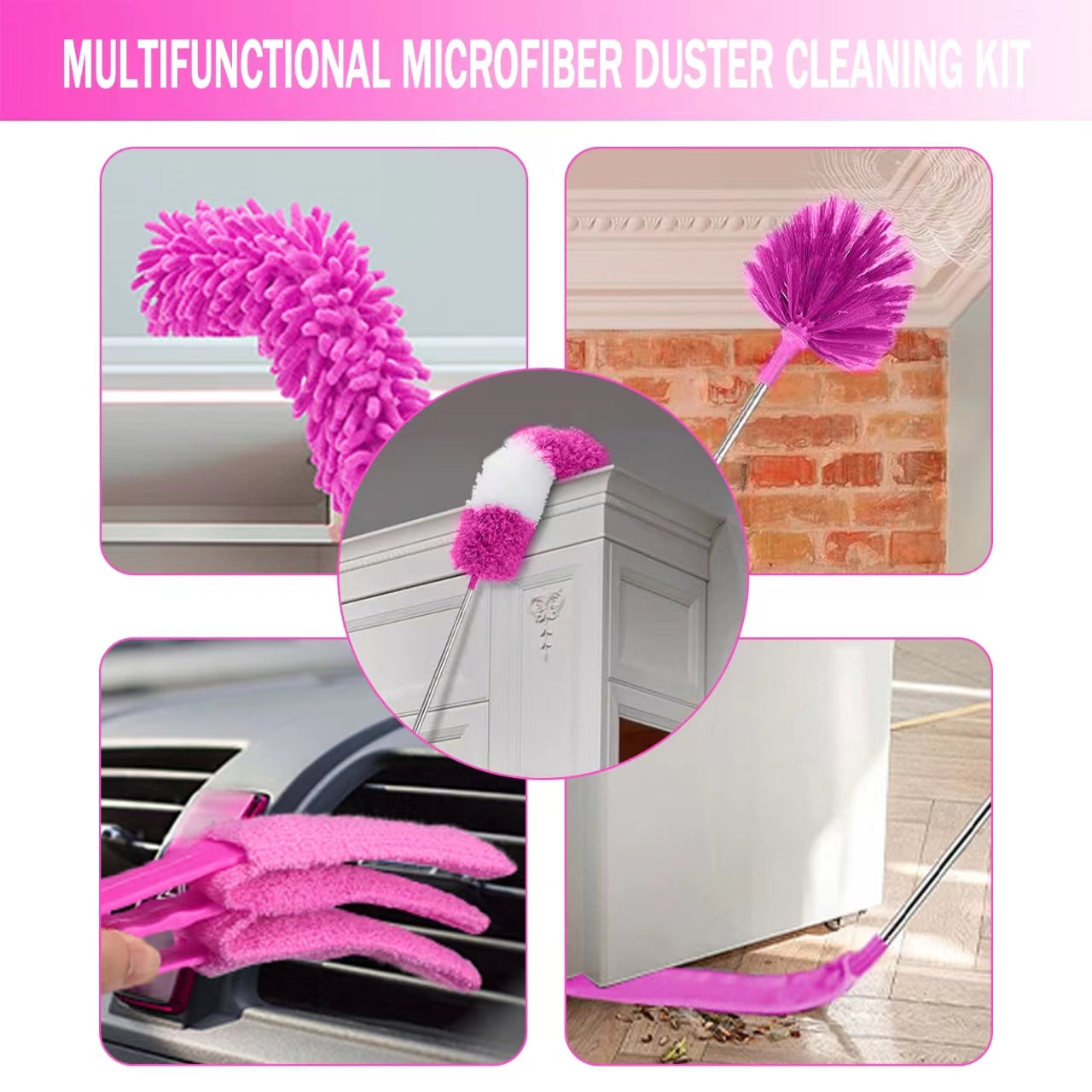 Clnez 7PCS Microfiber Duster with Detachable Extension Pole(Stainless Steel) 30-100" Duster Cleaning Kit for Cleaning Fan Cobweb, Fan Webs, Blinds (Pink)