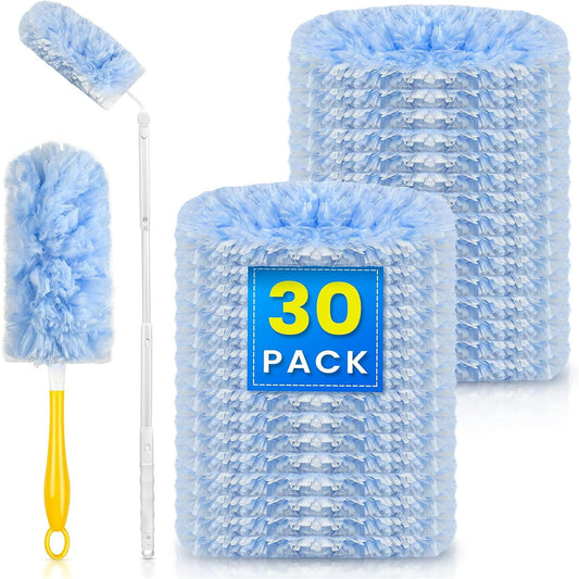 30 Count Heavy Duty Duster Compatible with Swiffer Duster, Disposable Microfiber Duster Refills with 1 Short Handle and 1 Extendable Handle