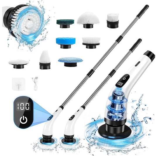 Electric Spin Scrubber - Cordless Cleaning Brush with 7 Heads & Long Handle Power Shower Scrubber for Bathroom Kitchen Tile Floor, White