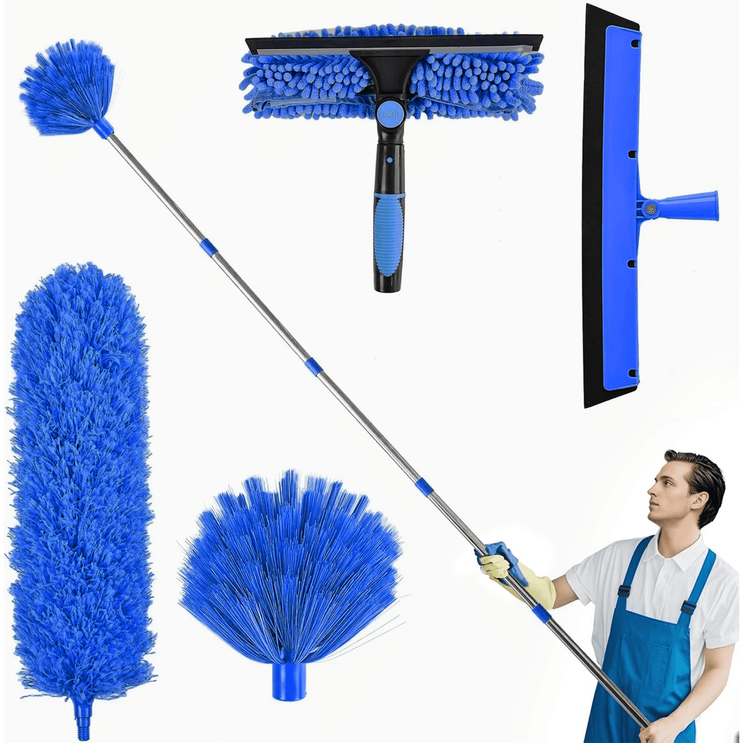 Clnez High Reach Duster Kit with 14 ft Extension Pole High Ceiling Dusting and Window Cleaning Kit with Spliceable Pole - Cobweb Duster, Fan Blade, Window Washer & Squeegee and Feather Dusters