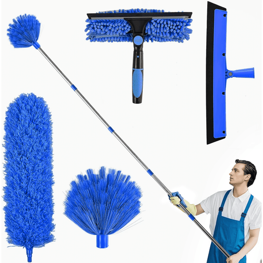 Clnez High Reach Duster Kit with 14 ft Extension Pole High Ceiling Dusting and Window Cleaning Kit with Spliceable Pole - Cobweb Duster, Fan Blade, Window Washer & Squeegee and Feather Dusters