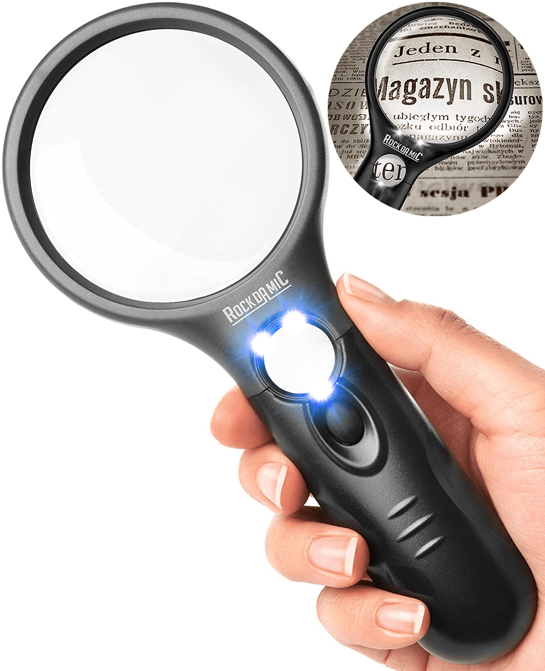 RockDaMic Professional Magnifying Glass with Light (3X / 45x) Large Lighted