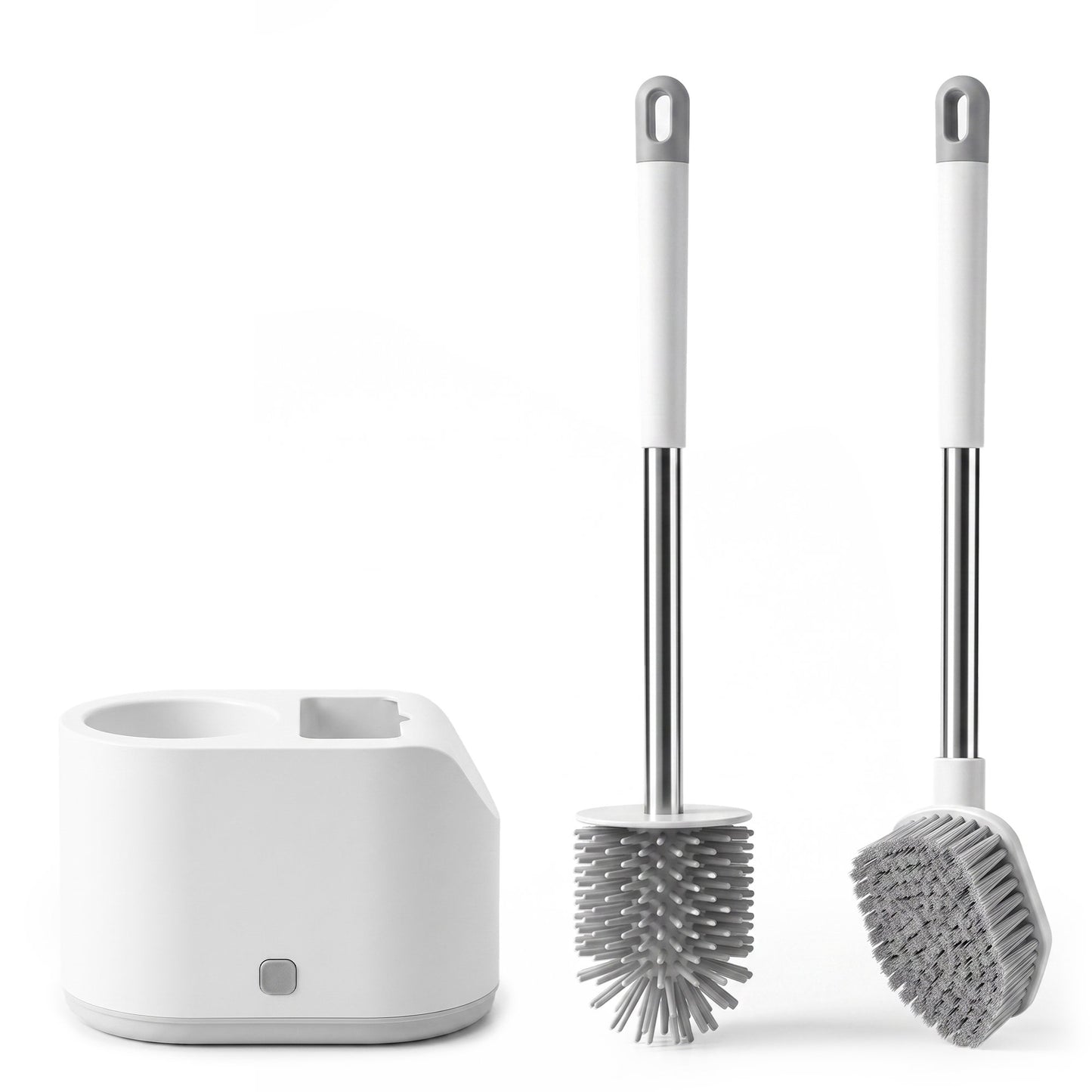 Toilet Brush and Holder Set, 2 Pack Dual Head Toilet Bowl Cleaner Brush with Silicone & Bristle Heads, Deep Cleaning Bathroom Scrubber with Long Handle, Quick Dry Ventilated Caddy for Modern Bathroom