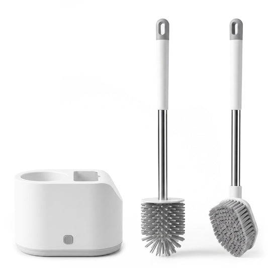 Toilet Brush and Holder Set, 2 Pack Dual Head Toilet Bowl Cleaner Brush with Silicone & Bristle Heads, Deep Cleaning Bathroom Scrubber with Long Handle, Quick Dry Ventilated Caddy for Modern Bathroom
