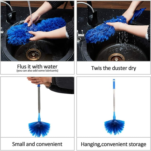 Clnez Ceiling Fan Duster with Extension Pole, Cobweb & Corner Brush Cleaning Kit ,15-100 Inch Long Handle Aluminum Telescoping Pole, Washable（Blue）