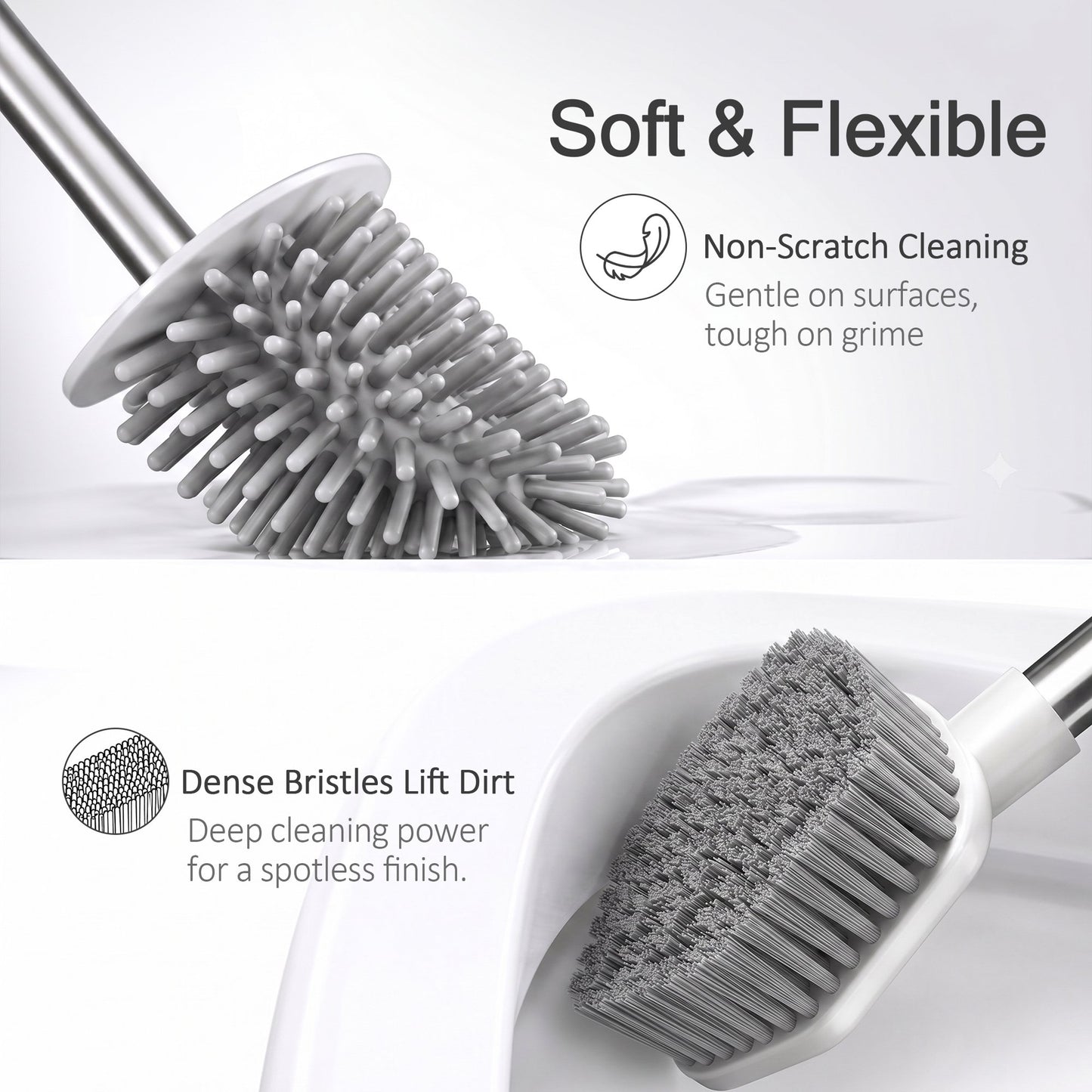 Toilet Brush and Holder Set, 2 Pack Dual Head Toilet Bowl Cleaner Brush with Silicone & Bristle Heads, Deep Cleaning Bathroom Scrubber with Long Handle, Quick Dry Ventilated Caddy for Modern Bathroom