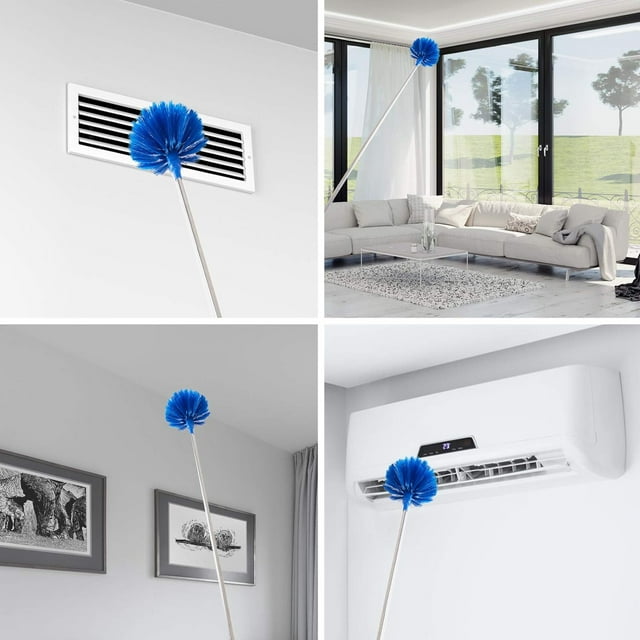 Clnez Ceiling Fan Duster with Extension Pole, Cobweb & Corner Brush Cleaning Kit ,15-100 Inch Long Handle Aluminum Telescoping Pole, Washable（Blue）