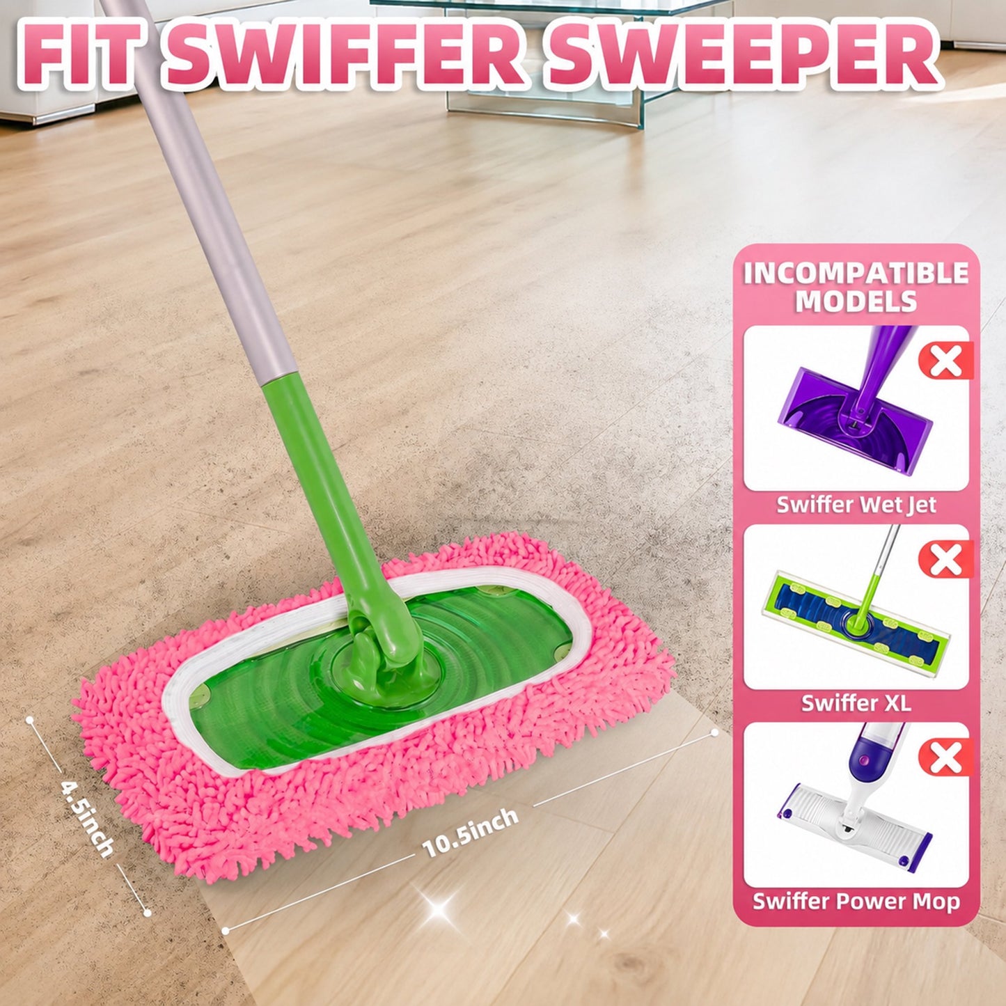12 Pack Reusable Mop Pads Compatible with SwifferSweeper Mop, Wet and Dry Chenille Sweeping Cloths, Washable Pads Refill, Microfiber Pads for Multi-Surface/Hardwood Floor Cleaning (Pink)
