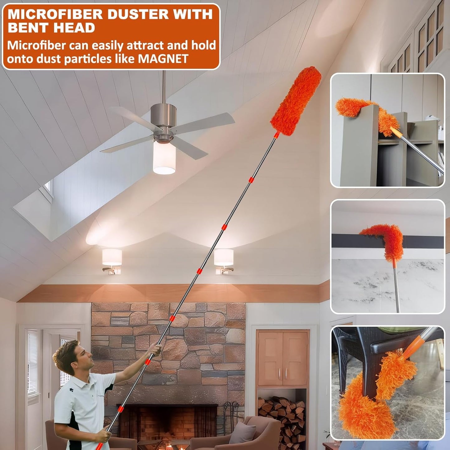 Clnez 20+ Foot Reach High Ceiling Duster Kit & Window Cleaning Kit | 3-14 ft Telescopic Pole with Window Washer, Squeegee, Cobweb, Fan, and Feather Dusters