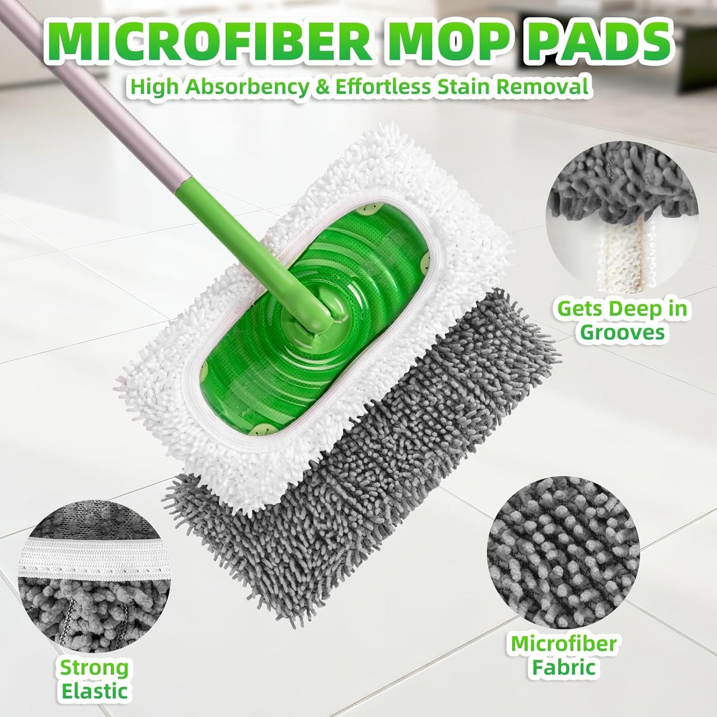 12 Pack Reusable Mop Pads Compatible with SwifferSweeper Mop, Wet and Dry Chenille Sweeping Cloths, Washable Pads Refill, Microfiber Pads for Multi-Surface/Hardwood Floor Cleaning (Gray, White)