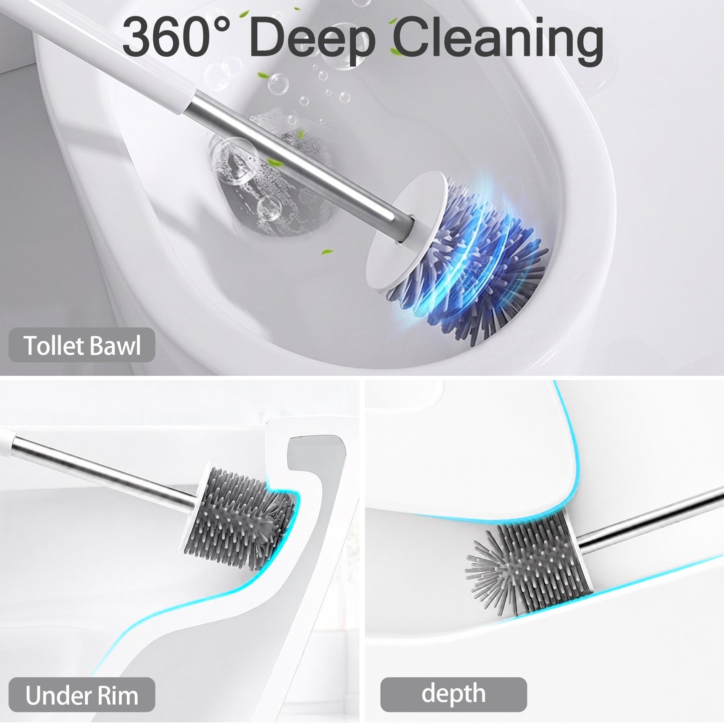 Toilet Brush and Holder Set, 2 Pack Dual Head Toilet Bowl Cleaner Brush with Silicone & Bristle Heads, Deep Cleaning Bathroom Scrubber with Long Handle, Quick Dry Ventilated Caddy for Modern Bathroom