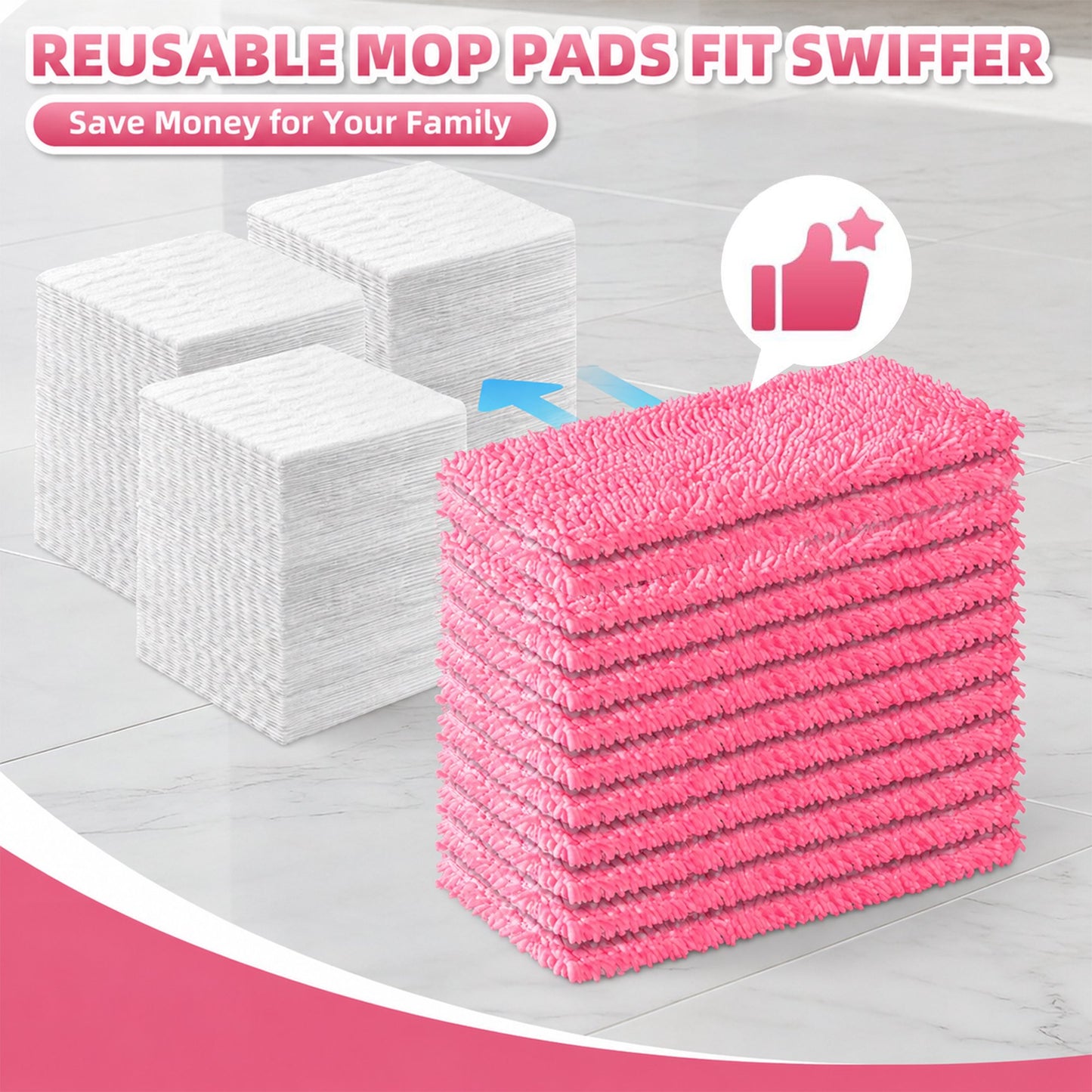 12 Pack Reusable Mop Pads Compatible with SwifferSweeper Mop, Wet and Dry Chenille Sweeping Cloths, Washable Pads Refill, Microfiber Pads for Multi-Surface/Hardwood Floor Cleaning (Pink)