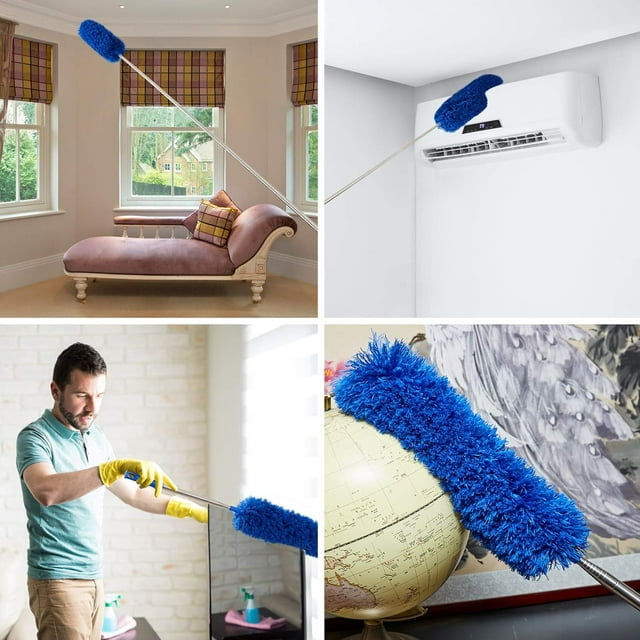 Clnez Ceiling Fan Duster with Extension Pole, Cobweb & Corner Brush Cleaning Kit ,15-100 Inch Long Handle Aluminum Telescoping Pole, Washable（Blue）