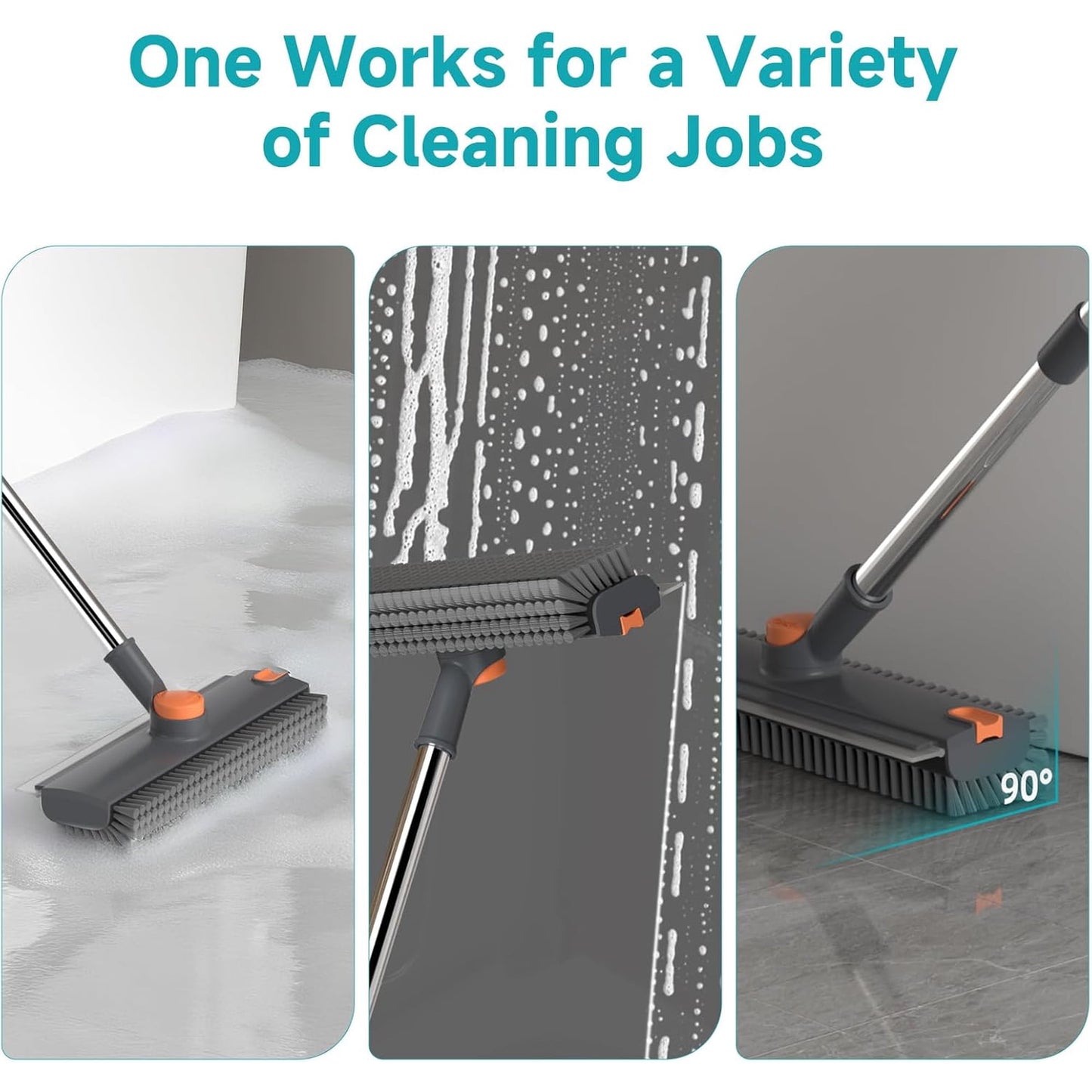 Scrub Brush with Long Handle, Floor Scrub Brush Squeegee Broom for Cleaning, 3 in 1 Shower Scrubber Floor Broom Squeegee for Concrete Tile Wall Deck Patio Grey