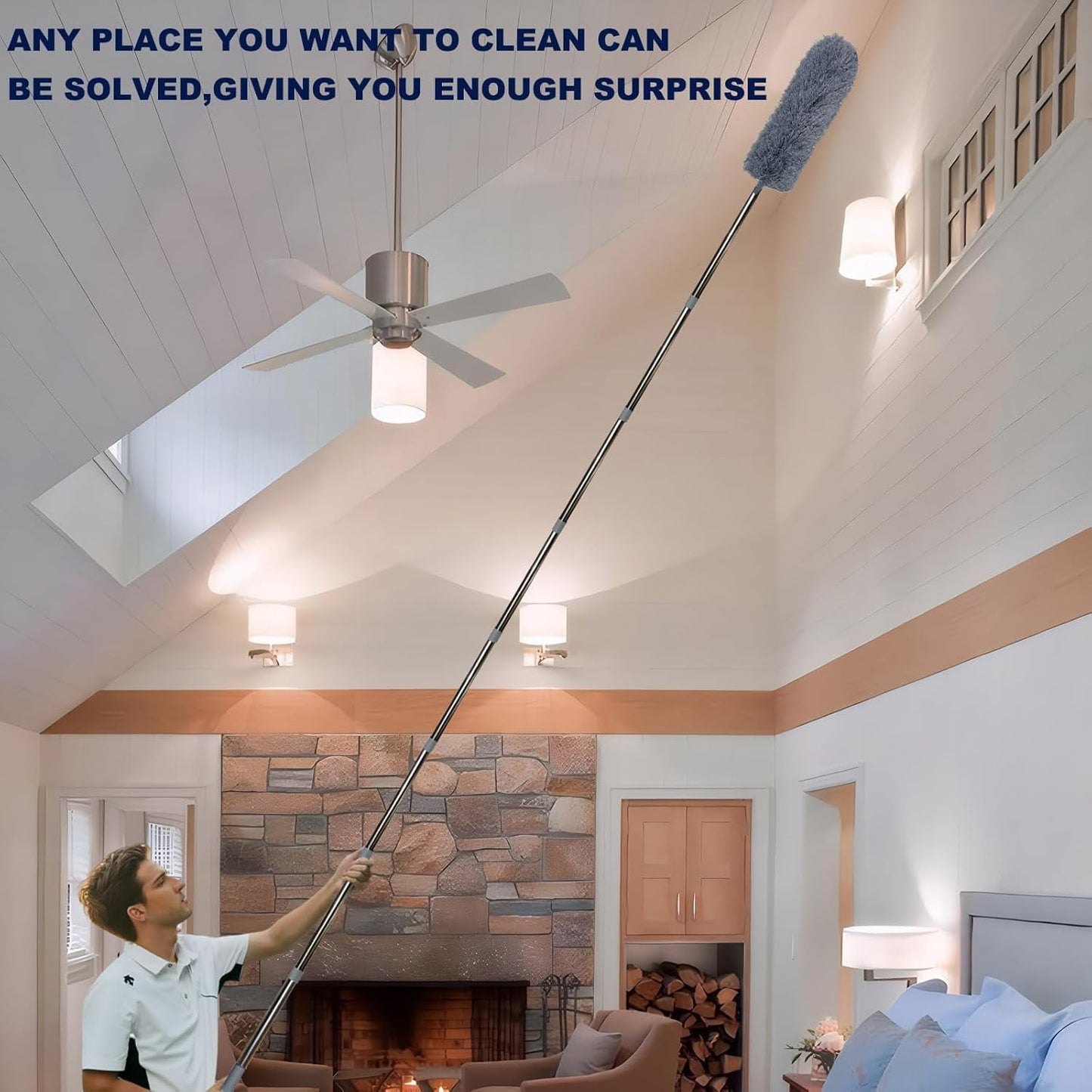 Clnez 20+ Ft High Reach Ceiling Fan Duster & Cobweb & Corner Brush Duster with 3-14 ft Spliceable Pole Microfiber Feather Duster for Spider Web, High Ceiling, Blinds, Furniture Cleaning Tool Kit