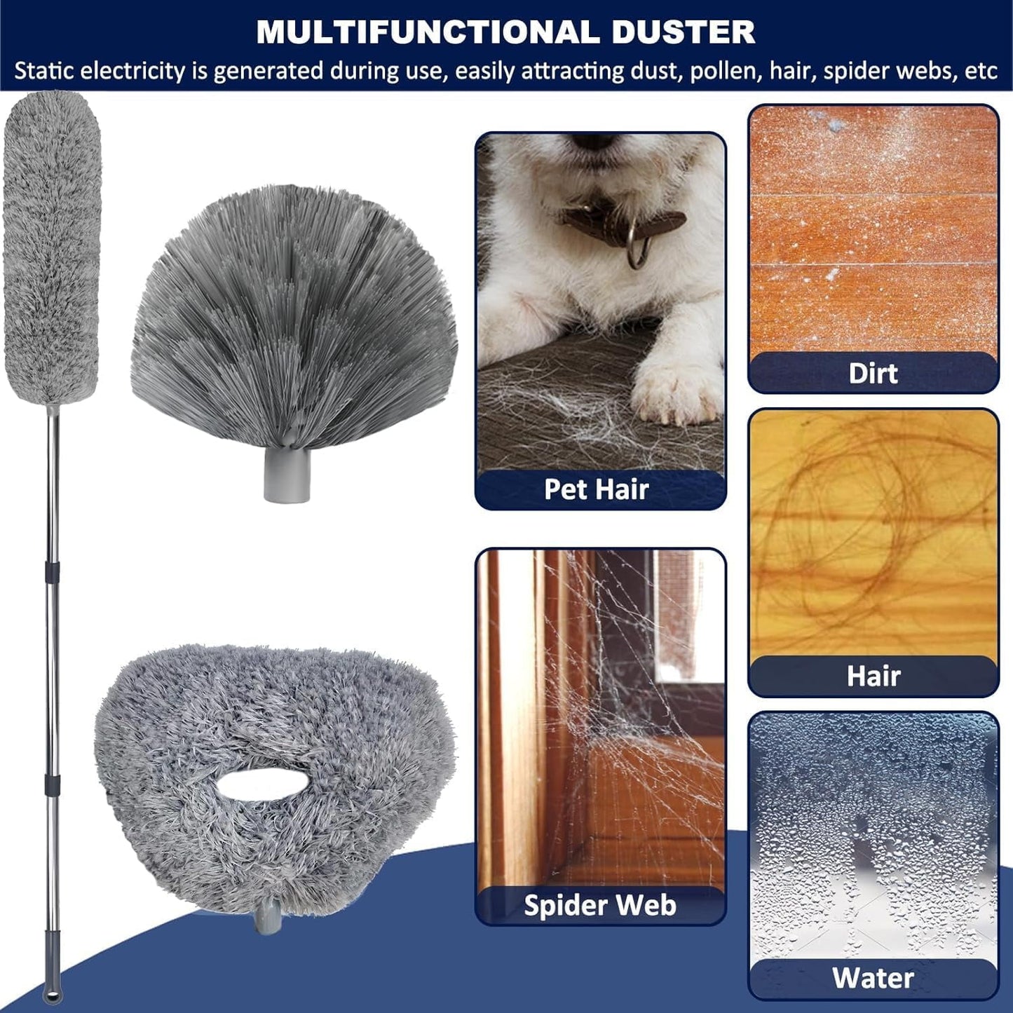 Clnez 20+ Ft High Reach Ceiling Fan Duster & Cobweb & Corner Brush Duster with 3-14 ft Spliceable Pole Microfiber Feather Duster for Spider Web, High Ceiling, Blinds, Furniture Cleaning Tool Kit